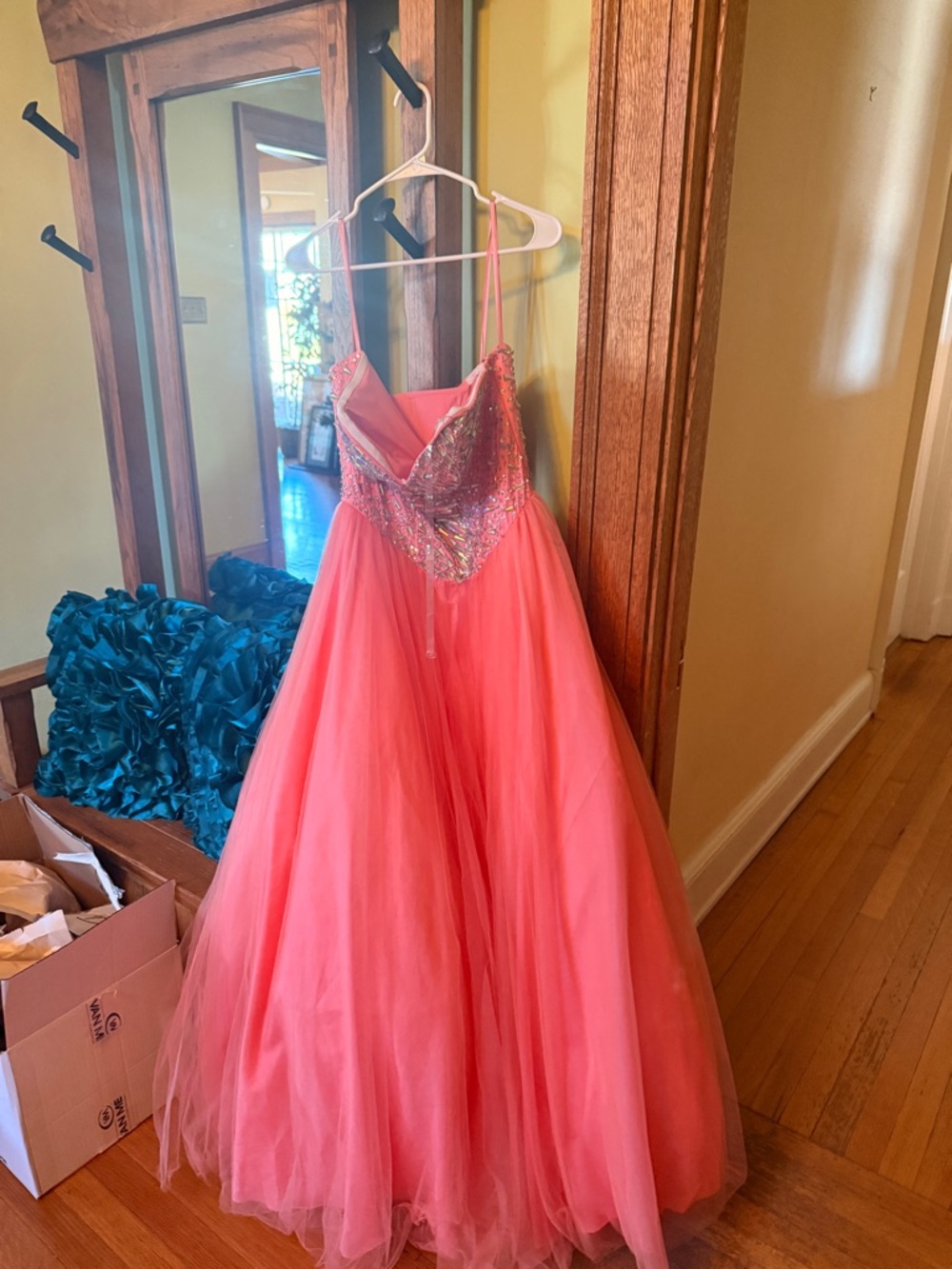 Terani Couture Coral Pink Strapless Ball Gown with Sequin Bodice